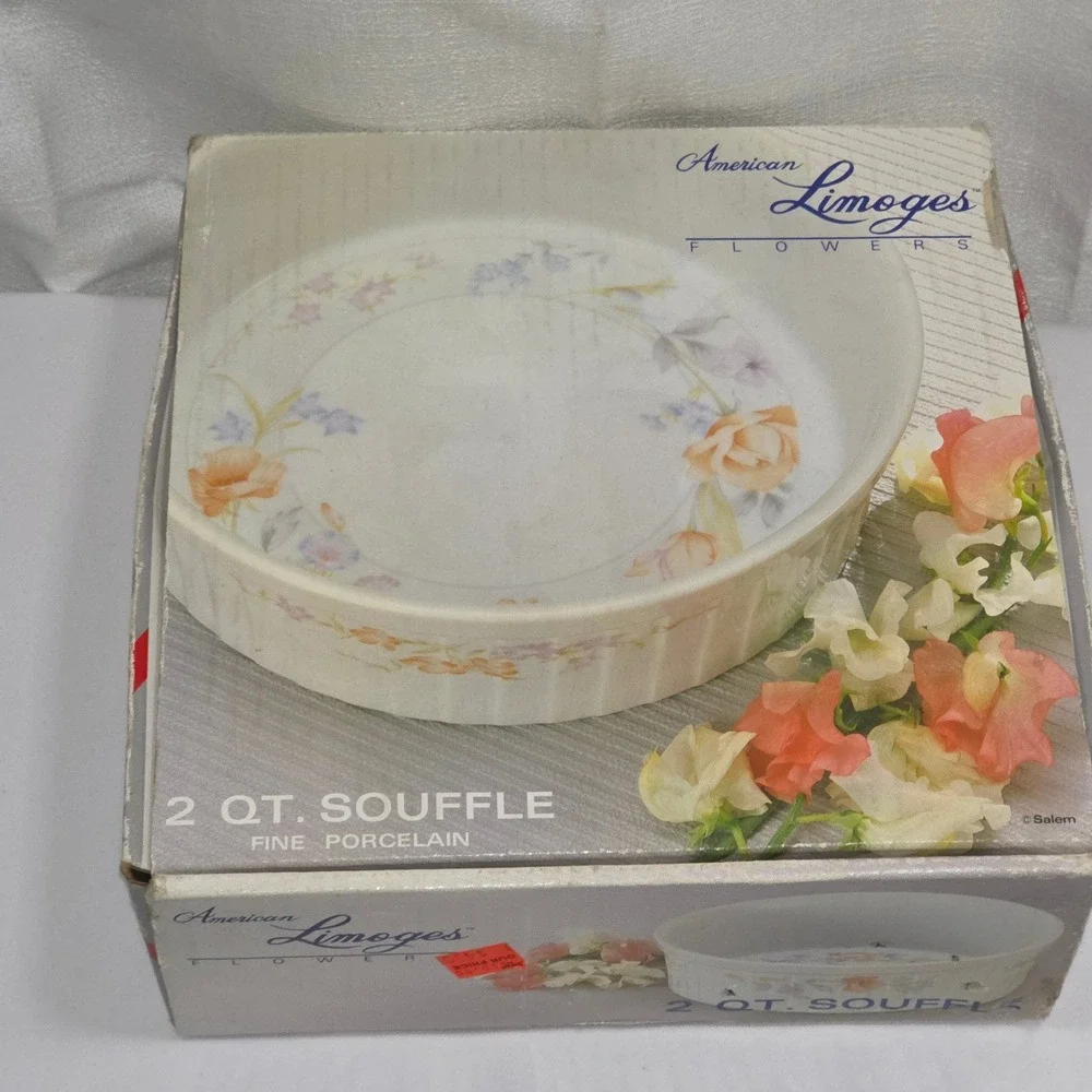 American Limoges Flowers 2 Qt Souffle Dish Fine Porcelain Floral Made in Japan